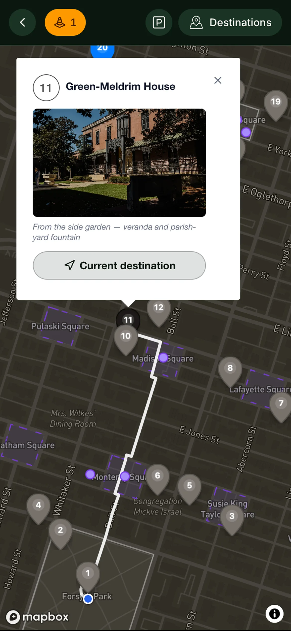The tour map showing the walking route to a destination across the district.