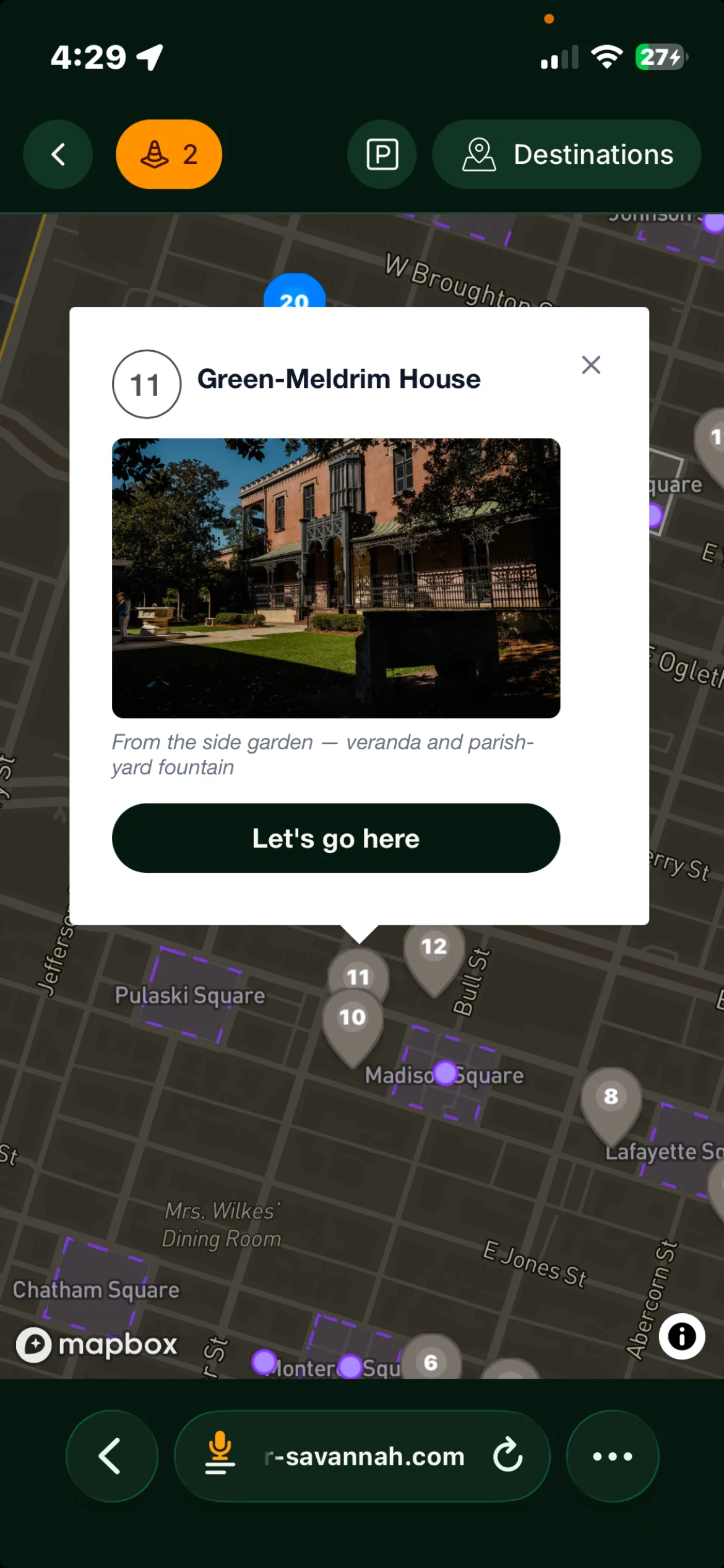 A map pin popup previewing the Green-Meldrim House, with a "Let's go here" button.